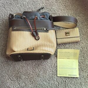Dooney and Bourke Deacon Drawstring Purse & Wallet Brown and Tan Woven.